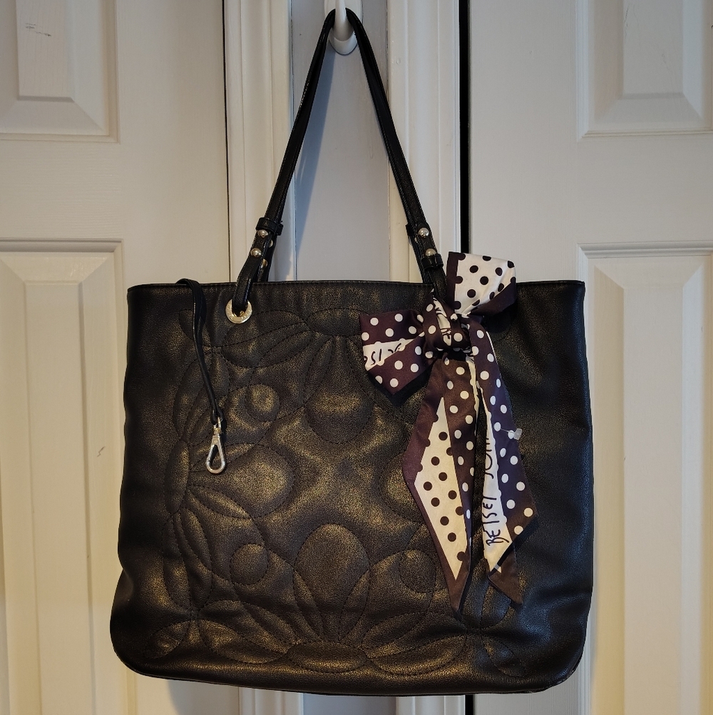 Betsy Johnson Black Tote Bag with Polka Dot Scarf
